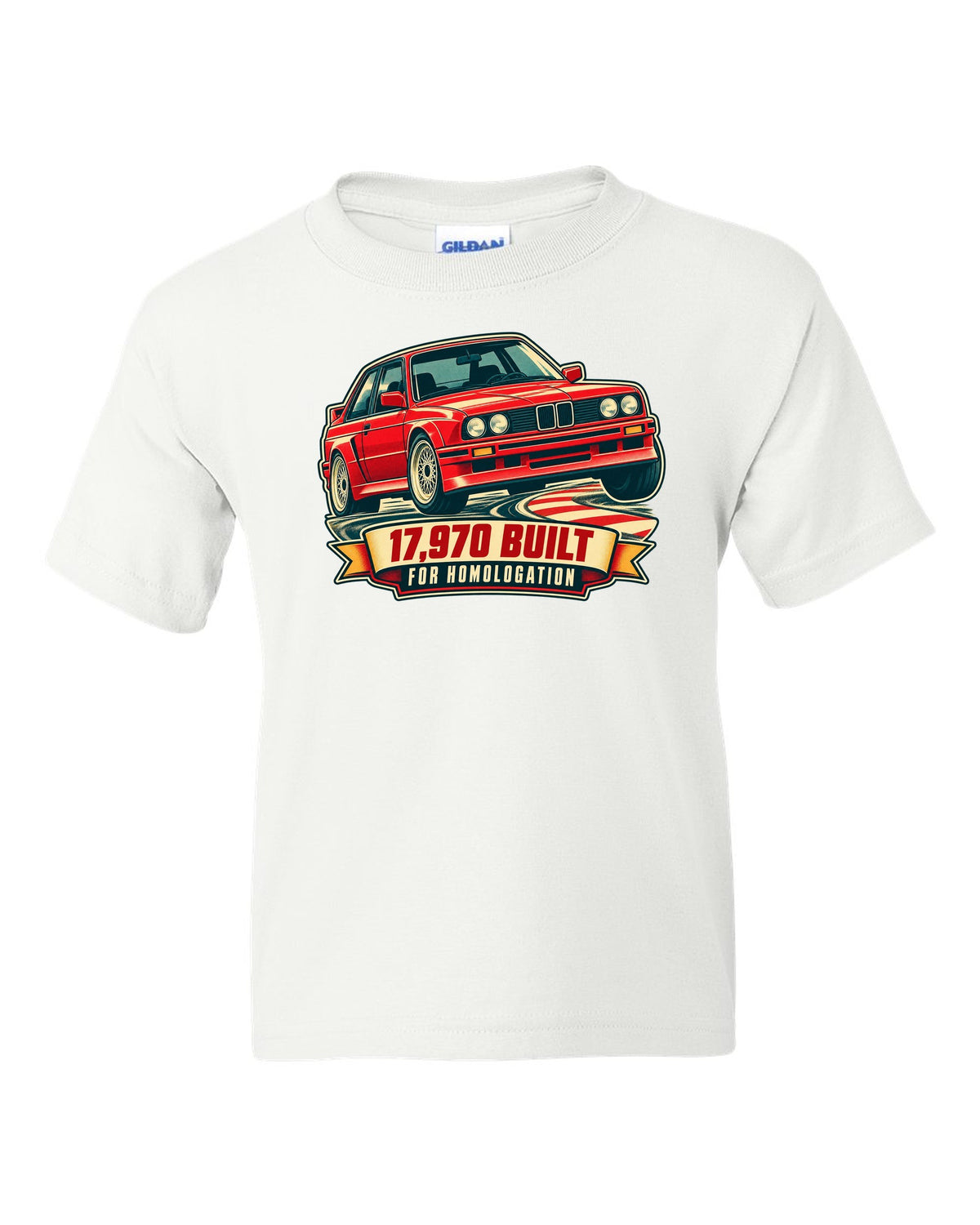 Vintage race poster print of a BMW E30 M3 at a hairpin with 17,970 built text white kids tee front view with the design