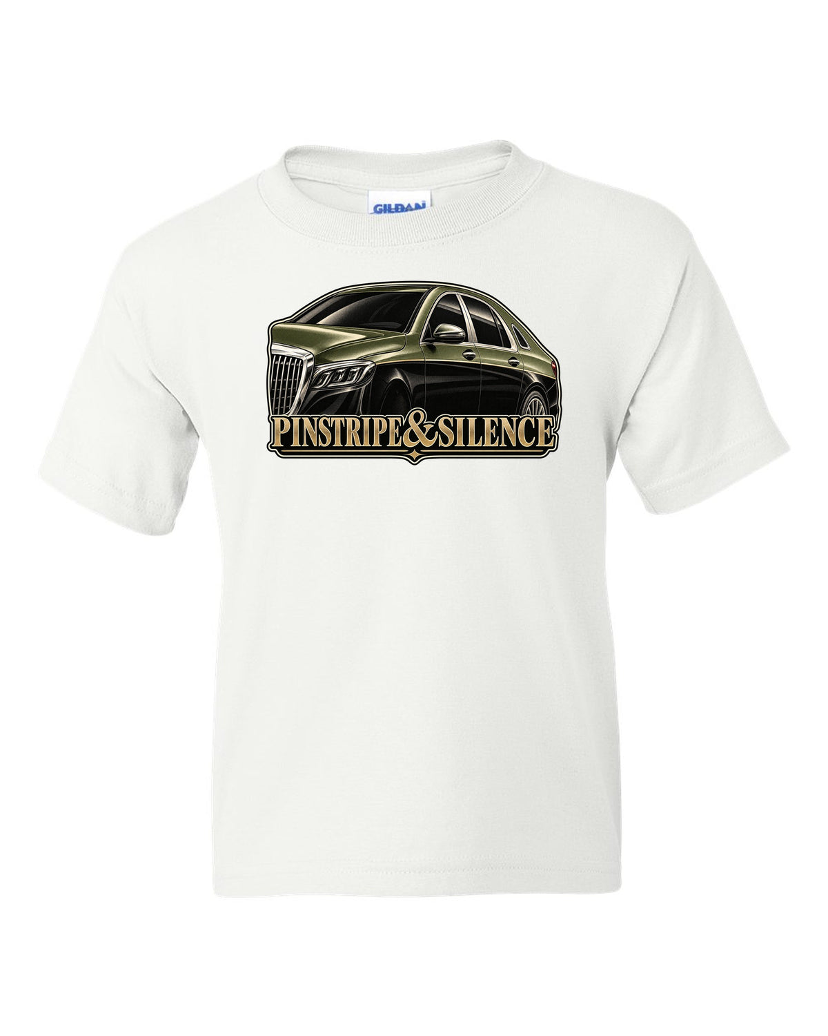 Duotone screenprint of a two-tone Mercedes-Maybach S-Class W222 with Pinstripe and Silence text white kids tee front view with the design