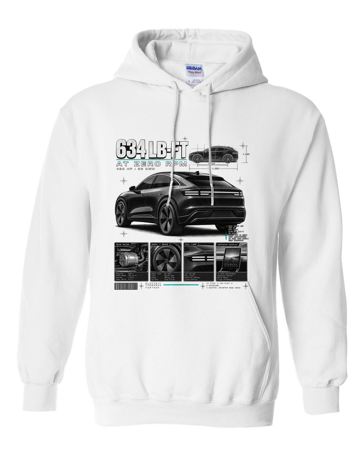 Ford Mustang Mach-E GT CX727 dossier panel print with 634 lb-ft at zero rpm white pull over hoodie front view with the design