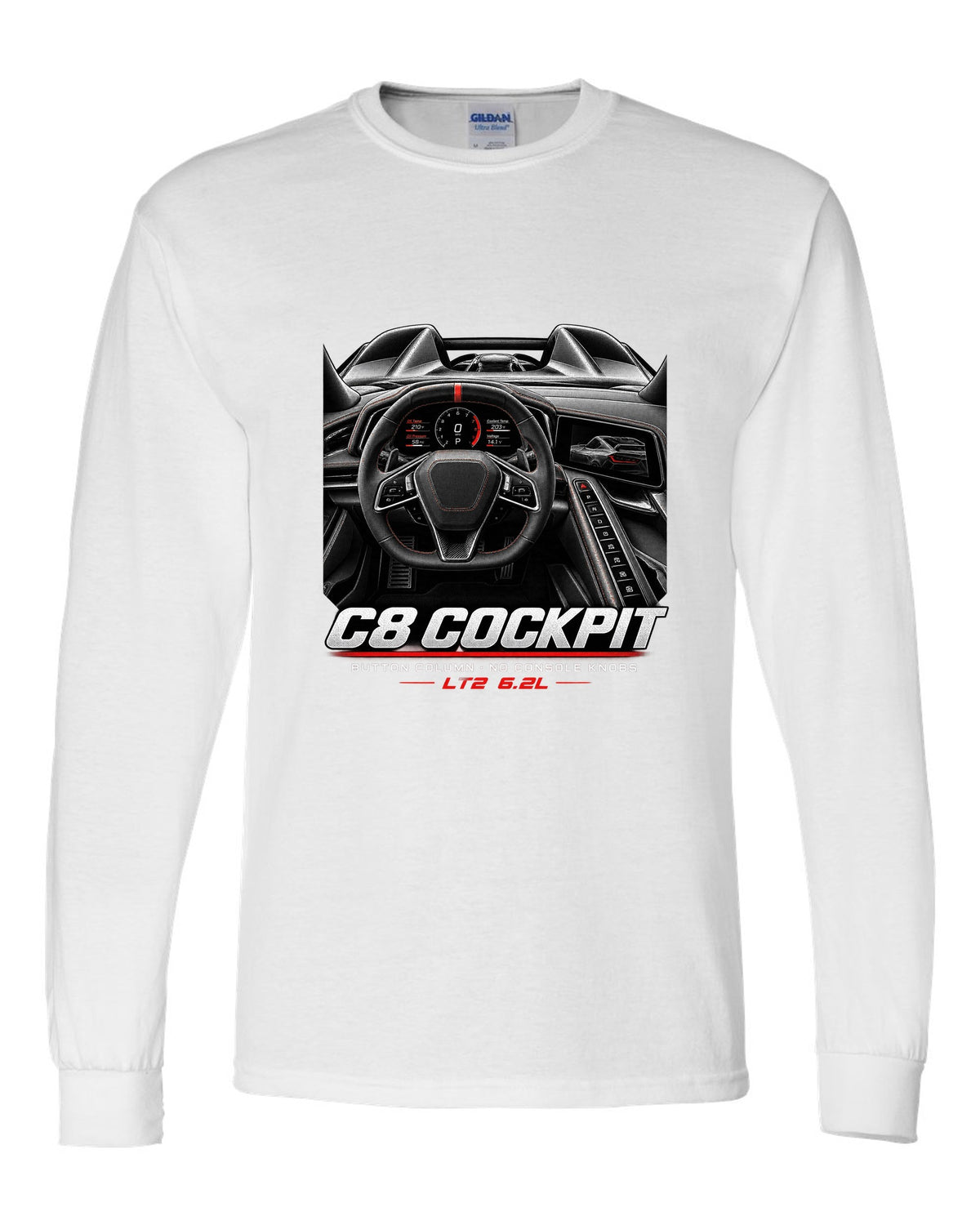 Corvette C8 Stingray 2020 cockpit with button column white long sleeve front view with the design