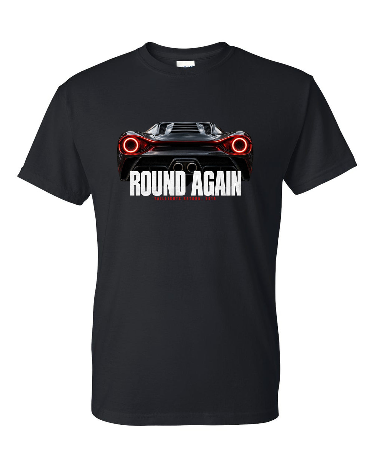 Macro print of Ferrari F8 Tributo round taillights with the text Round Again, Taillights Return, 2019 black t-shirt front view with the design