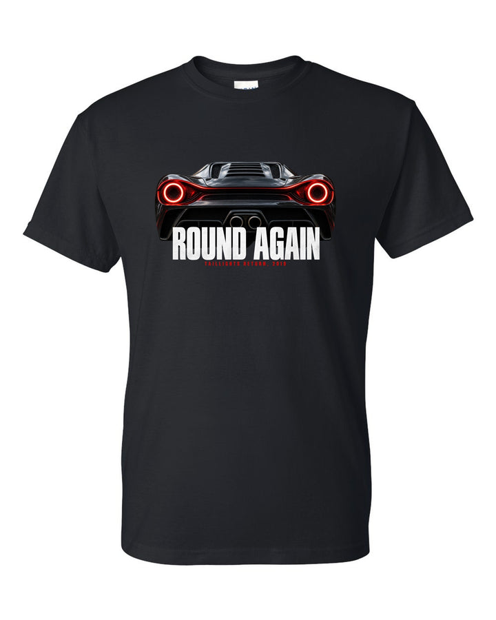 Macro print of Ferrari F8 Tributo round taillights with the text Round Again, Taillights Return, 2019 black t-shirt front view with the design