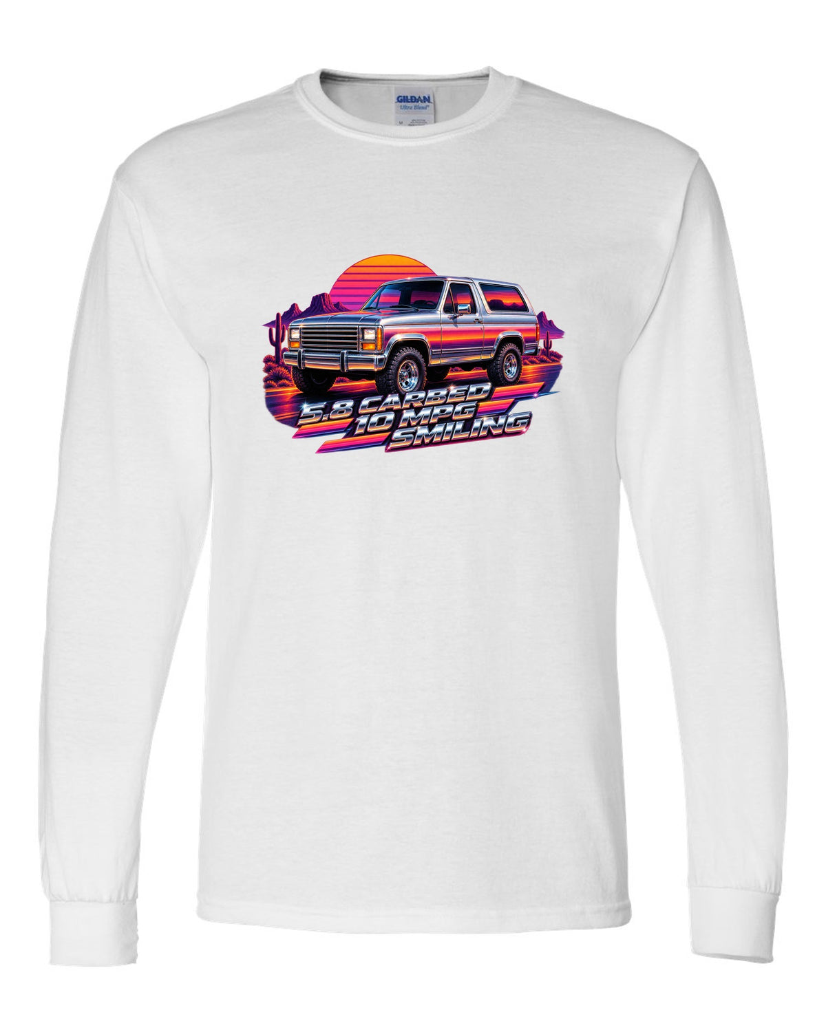80s airbrush chrome art of a 1980-86 Ford Bronco Bullnose at sunset with 5.8 CARBED 10 MPG lettering white long sleeve front view with the design