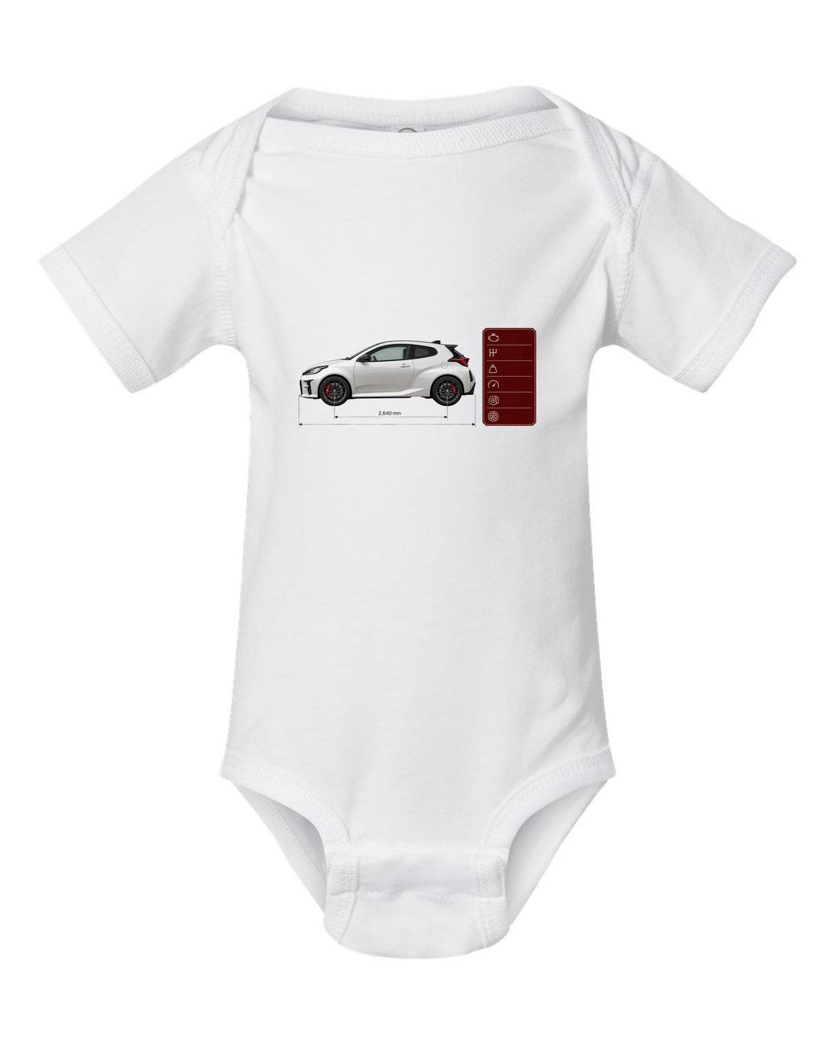 Pearl white-grey Toyota GR Yaris Circuit Package spec poster with homologation text white baby onesie front view with the design