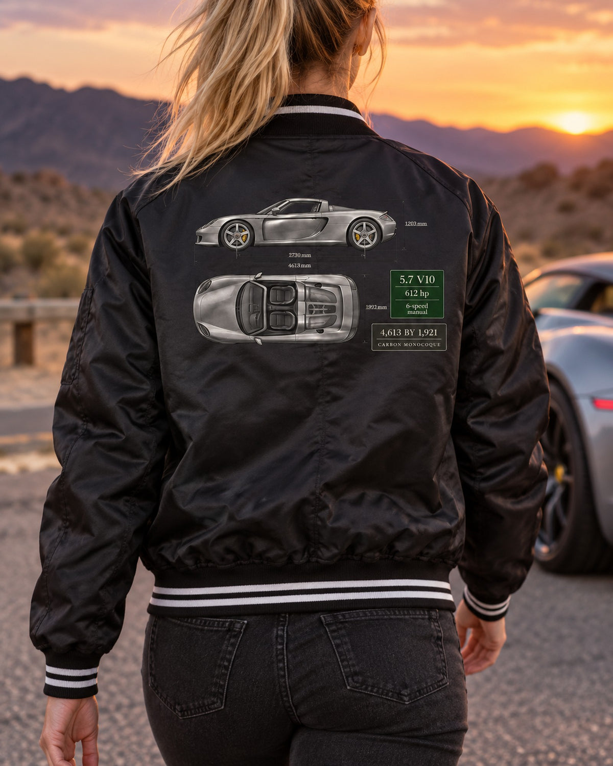 Porsche Carrera GT Top View Blueprint Tee, Carbon Monocoque Bomber Jacket Black worn hero