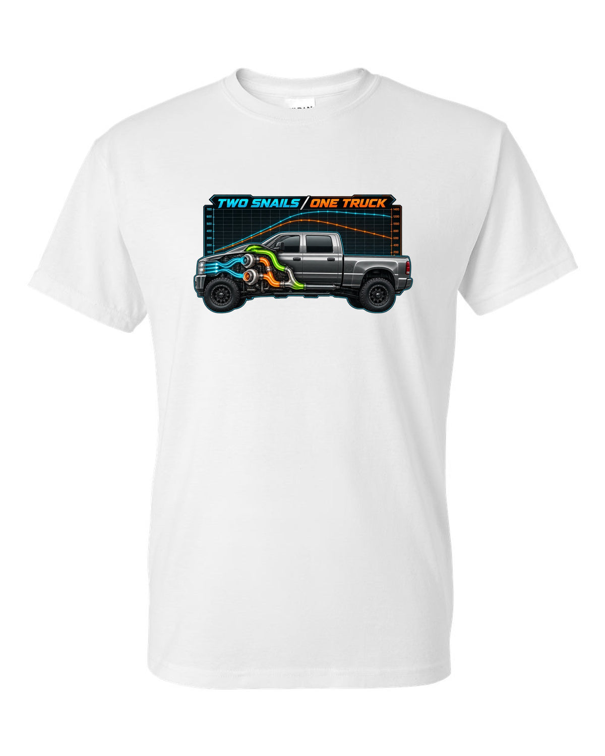Dyno chart and gauge print of a 2003-2009 Dodge Ram 2500 Cummins compound turbo with two snails one truck text white t-shirt front view with the design