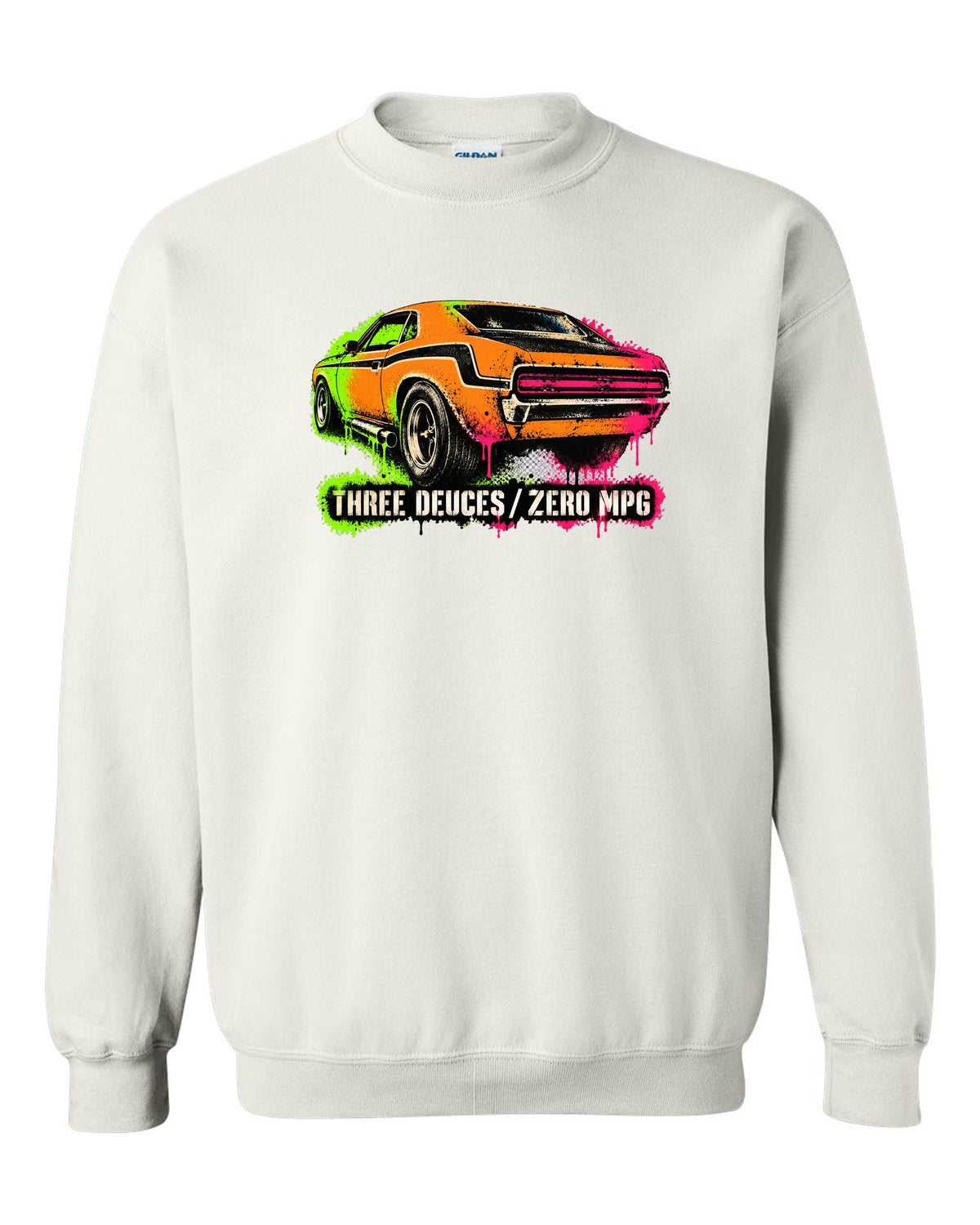 1970 Dodge Challenger T/A gas-station stencil spray paint print with Three Deuces Zero MPG text white crewneck front view with the design