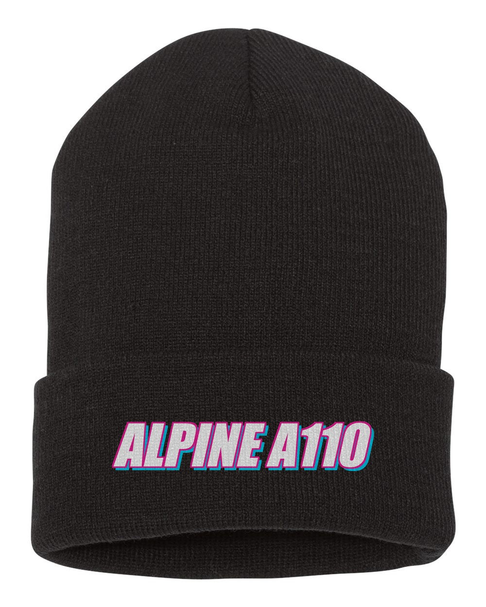Alpine A110 black beanie front view with car name