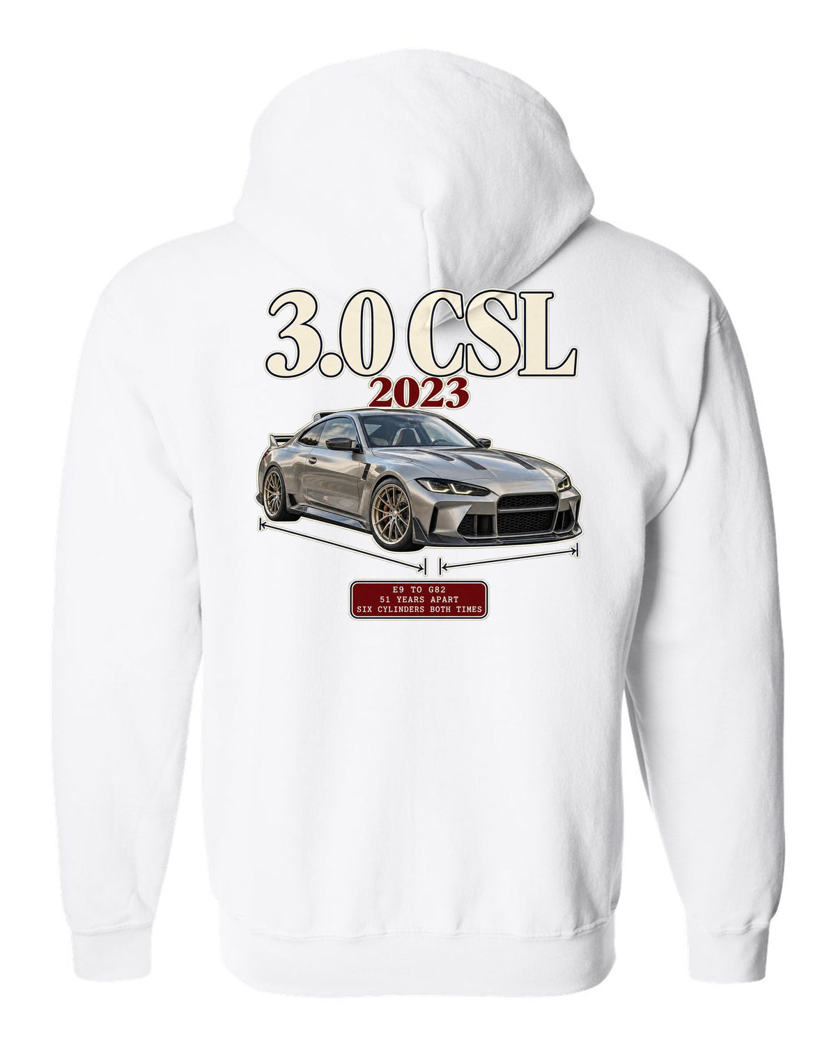 BMW 3.0 CSL E9 to G82 archive panel print white zip hoodie back view with the design