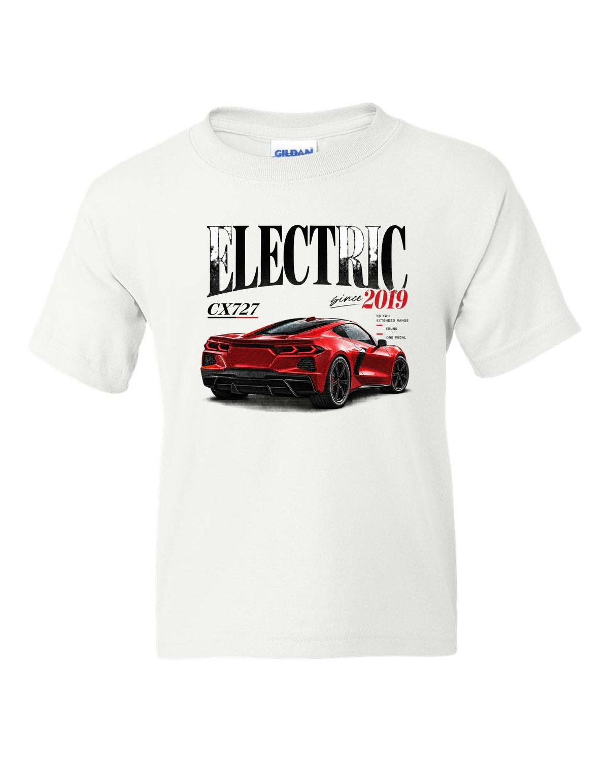 Ford Mustang Mach-E CX727 editorial headline print reading Electric Since 2019 white kids tee front view with the design