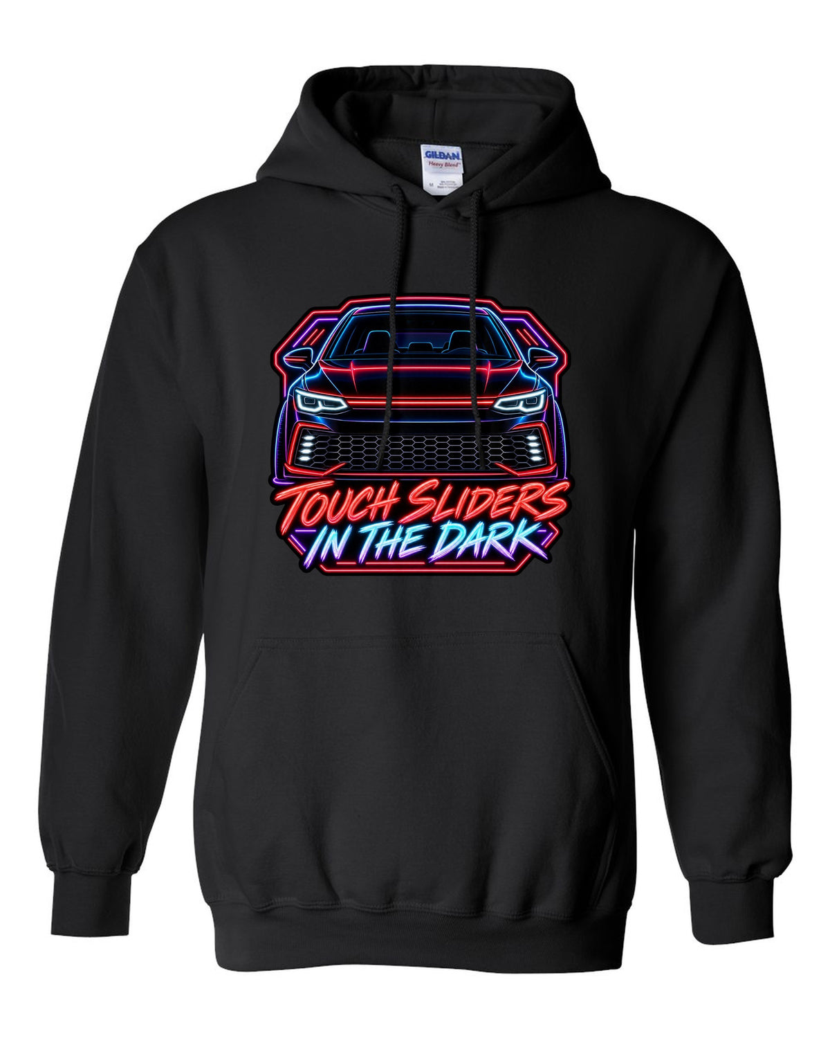 Neon sign line art of a VW Golf Mk8 GTI with touch sliders in the dark text black pull over hoodie front view with the design