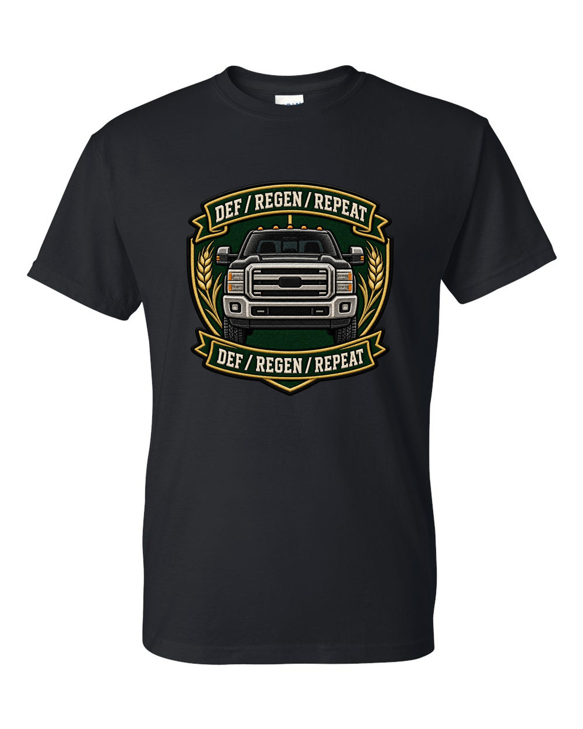 Shield crest print for the 2010-2018 Ram 2500 6.7 Cummins reading DEF regen repeat black t-shirt front view with the design