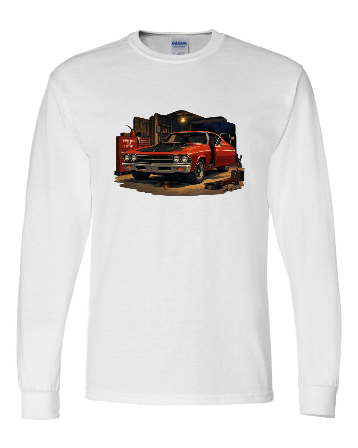 Cel-shaded anime print of a 1969 Chevelle COPO in a night garage with the text COPO 9562, 427, 1 of 323 white long sleeve front view with the design