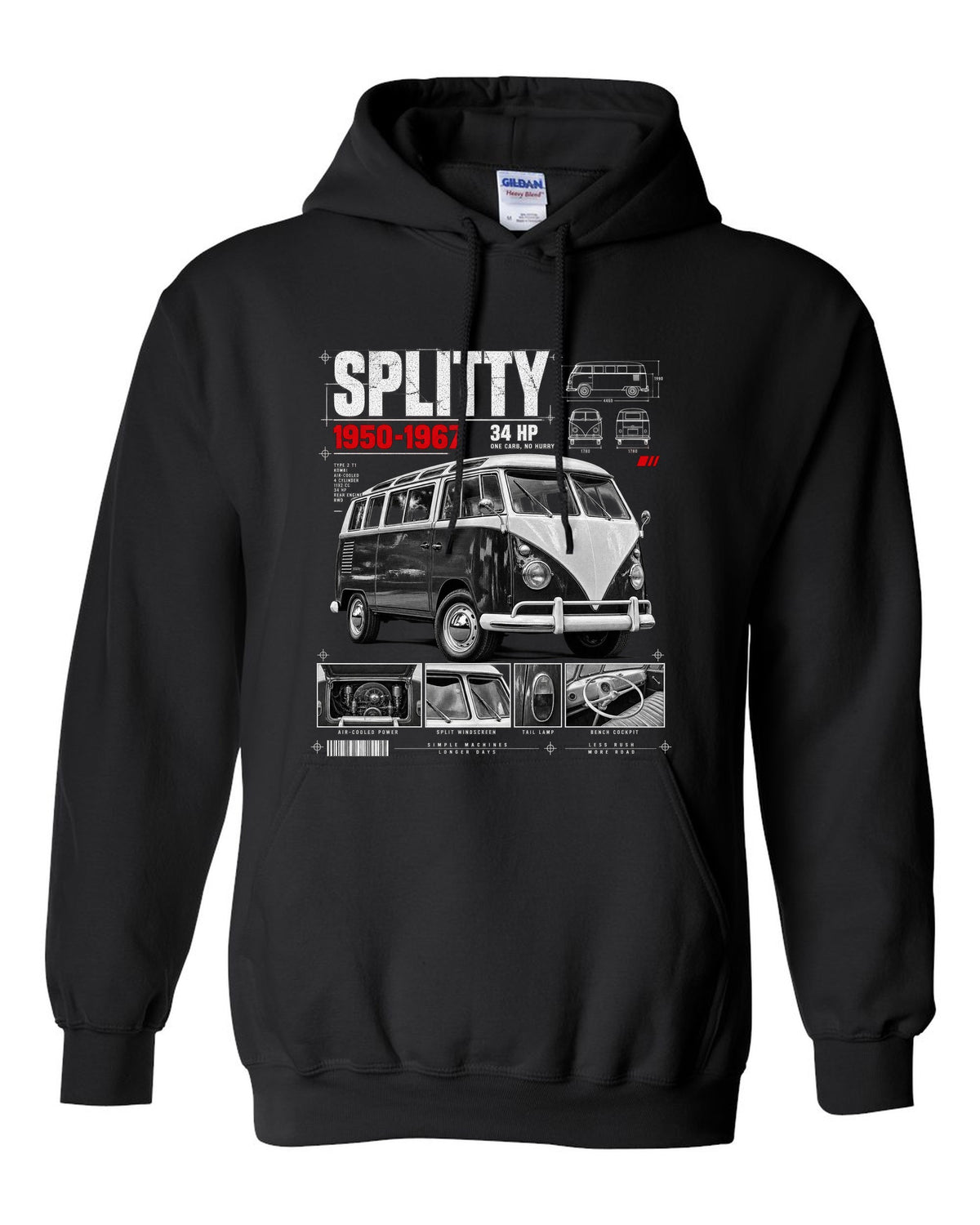 Dossier panel print of a 1962 VW T1 split-window Kombi with spec text black pull over hoodie front view with the design