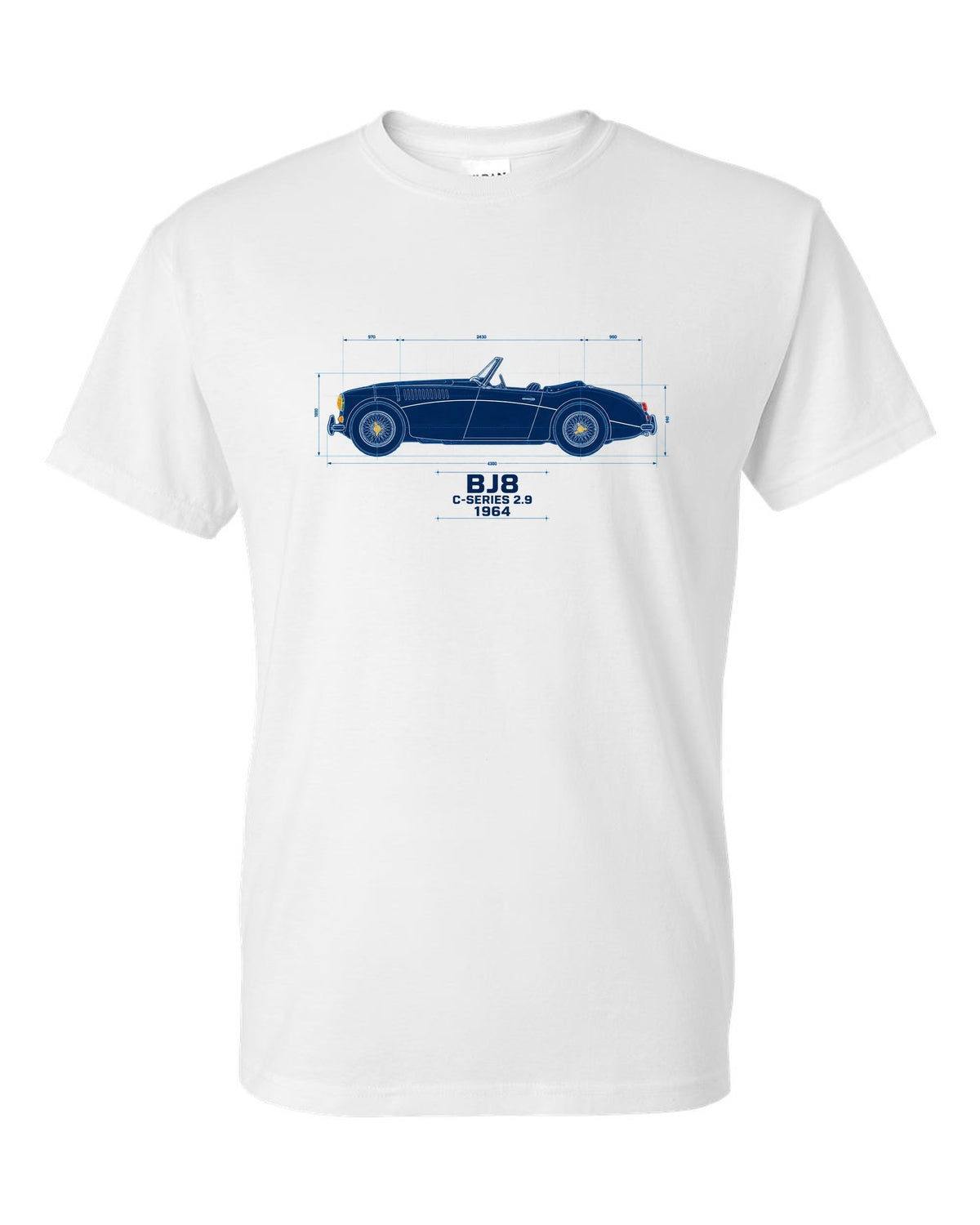 Blueprint line art of a 1964 Austin-Healey 3000 Mk III BJ8 with C-Series 2.9 lettering white t-shirt front view with the design