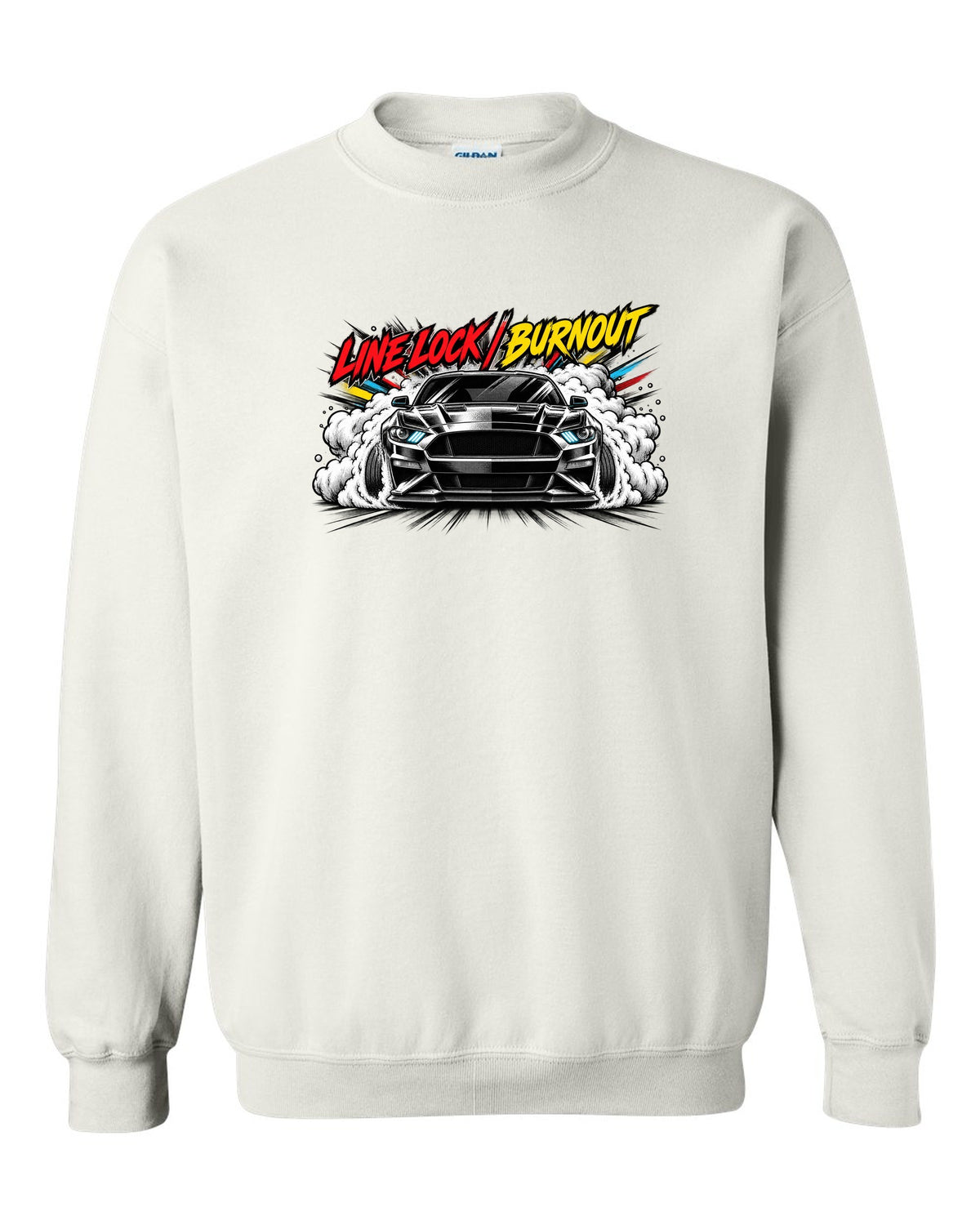 Varsity embroidery-style crest of an S550 Mustang fastback reading Yes, It's A Four white crewneck front view with the design