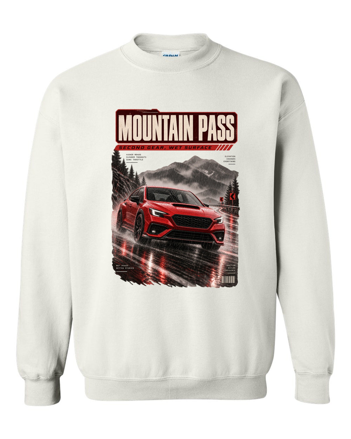 Red-orange monochrome Subaru WRX VB sedan on a wet mountain pass at night, poster-style print white crewneck front view with the design