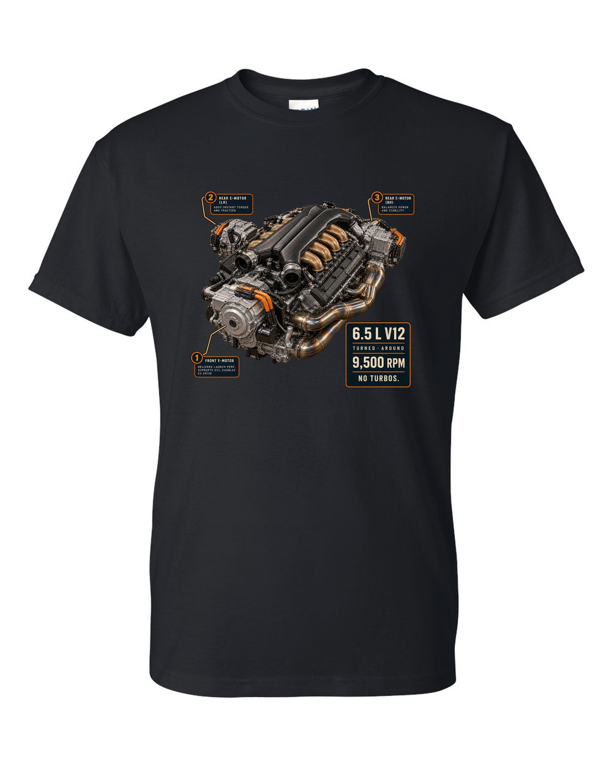 Engine hero print of the Lamborghini Revuelto L545 V12 black t-shirt front view with the design