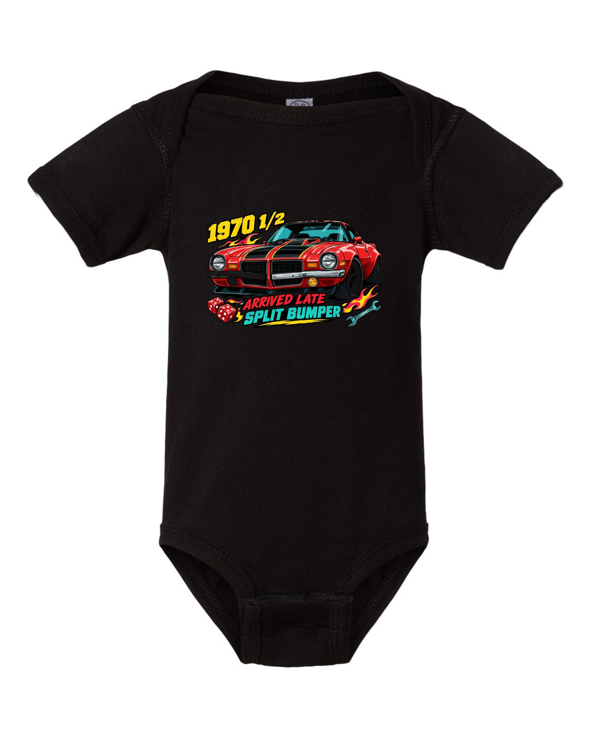 1970 Chevrolet Camaro Z28 split bumper sticker-bomb collage print reading 1970 1/2 Arrived Late black baby onesie front view with the design