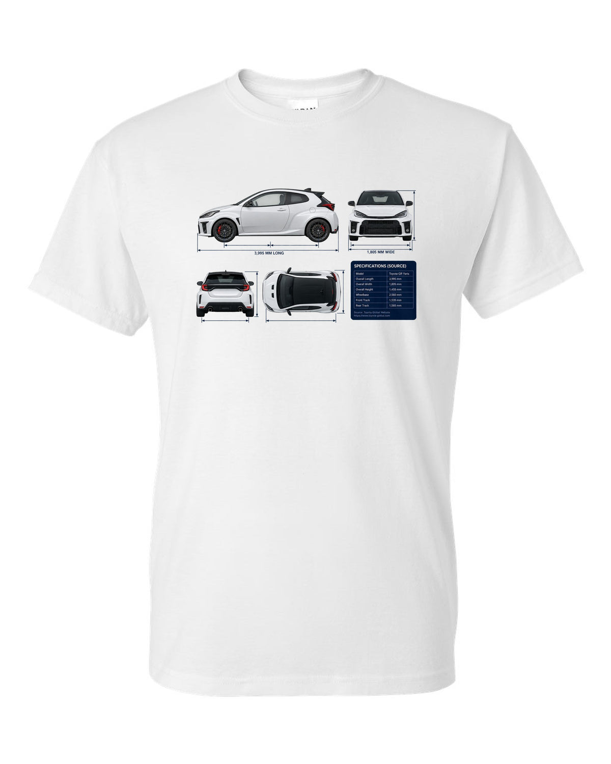 Toyota GR Corolla Morizo Edition Blueprint white t-shirt front view with the design