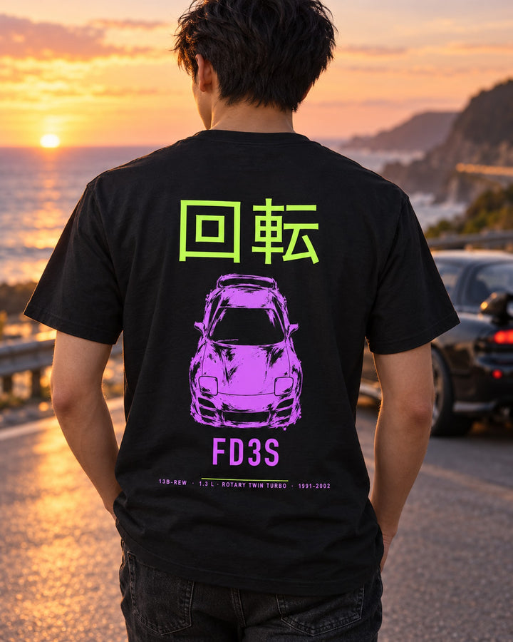 FD3S 13B-REW Full-Back Graphic Tee T-Shirt Black worn hero