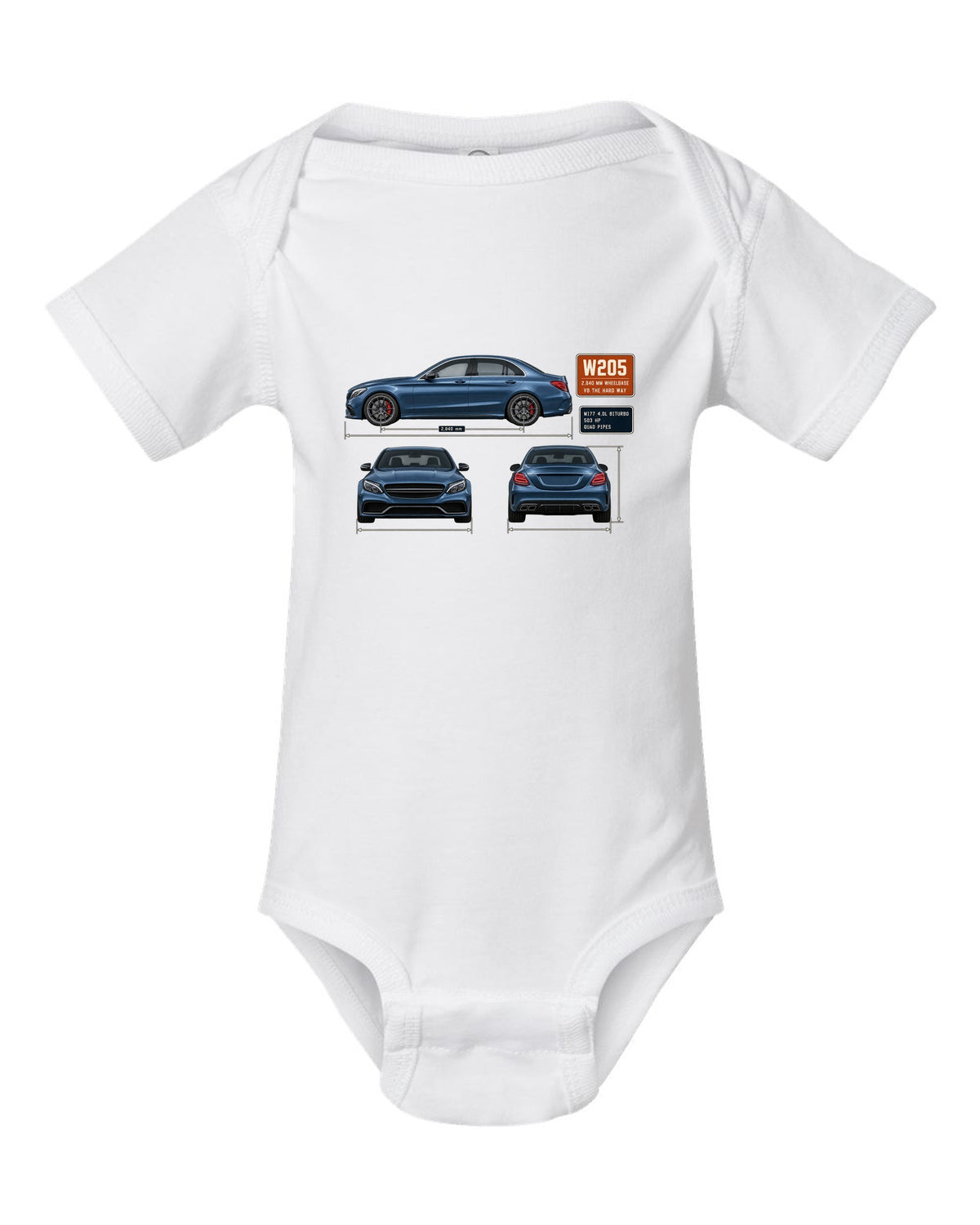 Mercedes-AMG C63 S W205 sedan three-view drawing in steel blue white baby onesie front view with the design