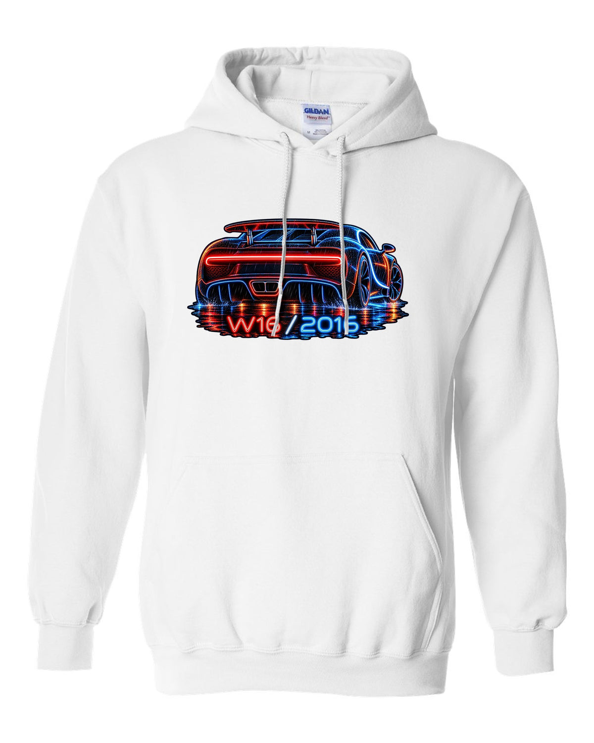 Neon sign style illustration of the Bugatti Chiron rear light bar in rain with W16 2016 lettering white pull over hoodie front view with the design