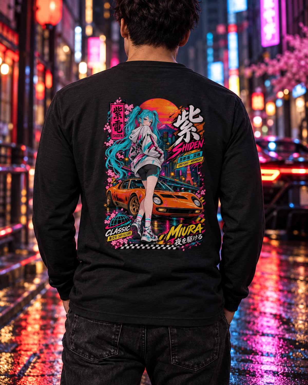 SHIDEN MIURA Anime Girl Full-Back Graphic Tee Long Sleeve Black worn hero