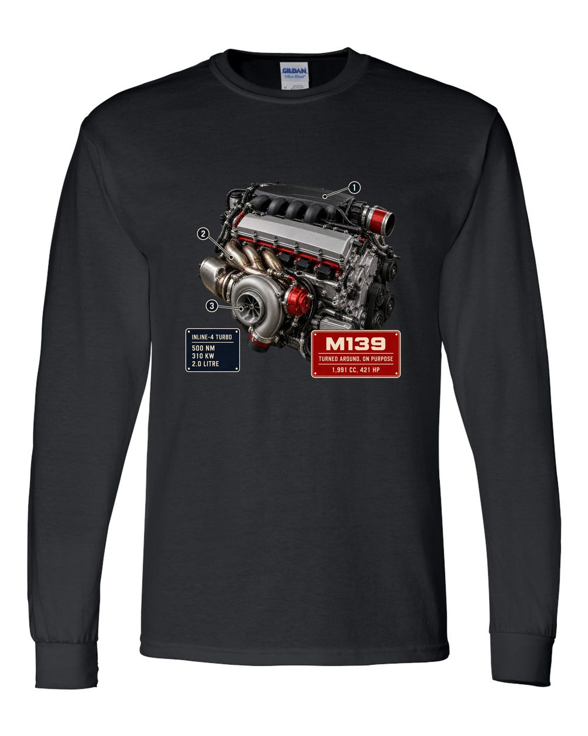 Mercedes-AMG M139 2.0 litre turbo four engine hero print black long sleeve front view with the design