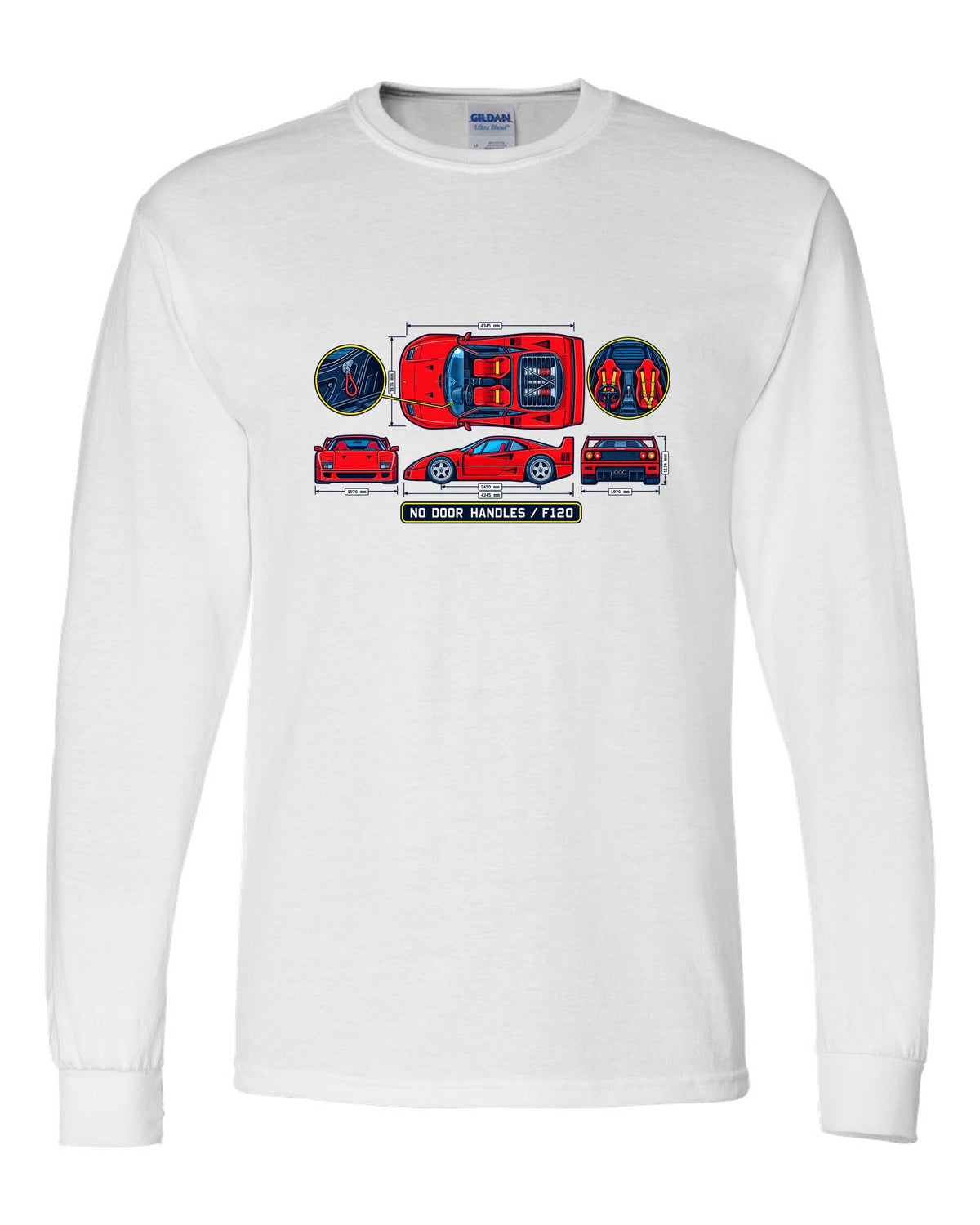 Technical blueprint print of a 1987 Ferrari F40 F120 cabin with no door handles text white long sleeve front view with the design