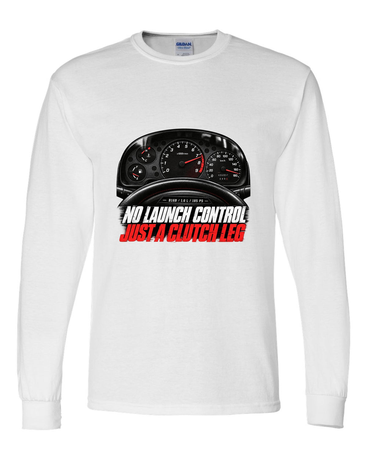 Cockpit gauge print of a 1997 Honda Civic EK9 chback with clutch leg text white long sleeve front view with the design