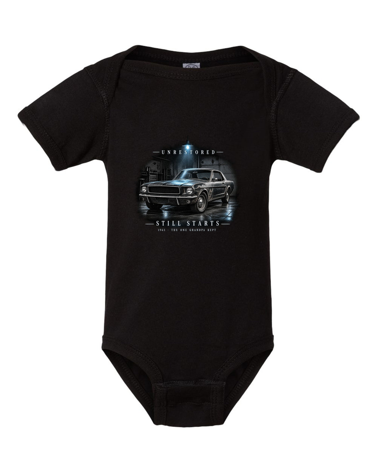 Garage night illustration of a white 1965 Ford Mustang coupe with unrestored still starts lettering black baby onesie front view with the design