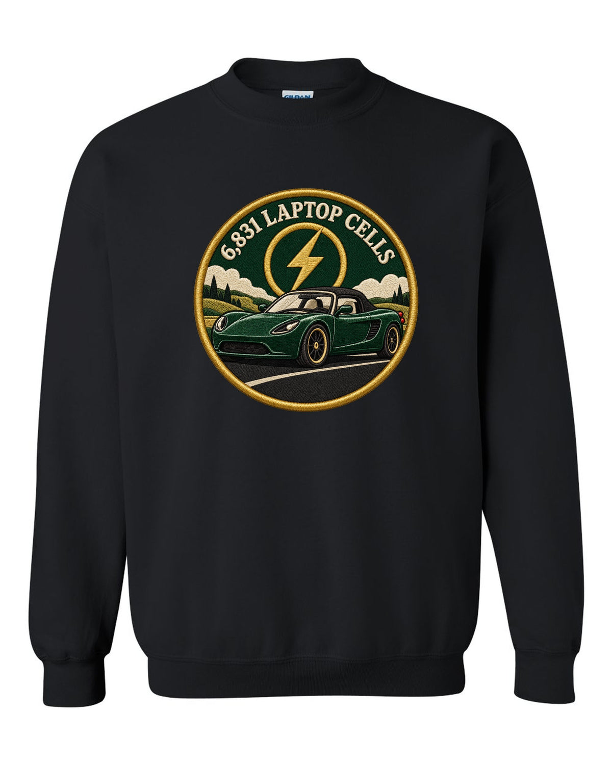 Round crest print of a Tesla Roadster Gen 1 reading 6,831 Laptop Cells black crewneck front view with the design