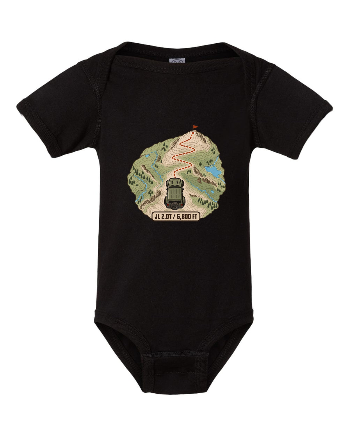 Jeep Wrangler JL 2.0T topographic contour map design with route line and 6,800 ft text black baby onesie front view with the design