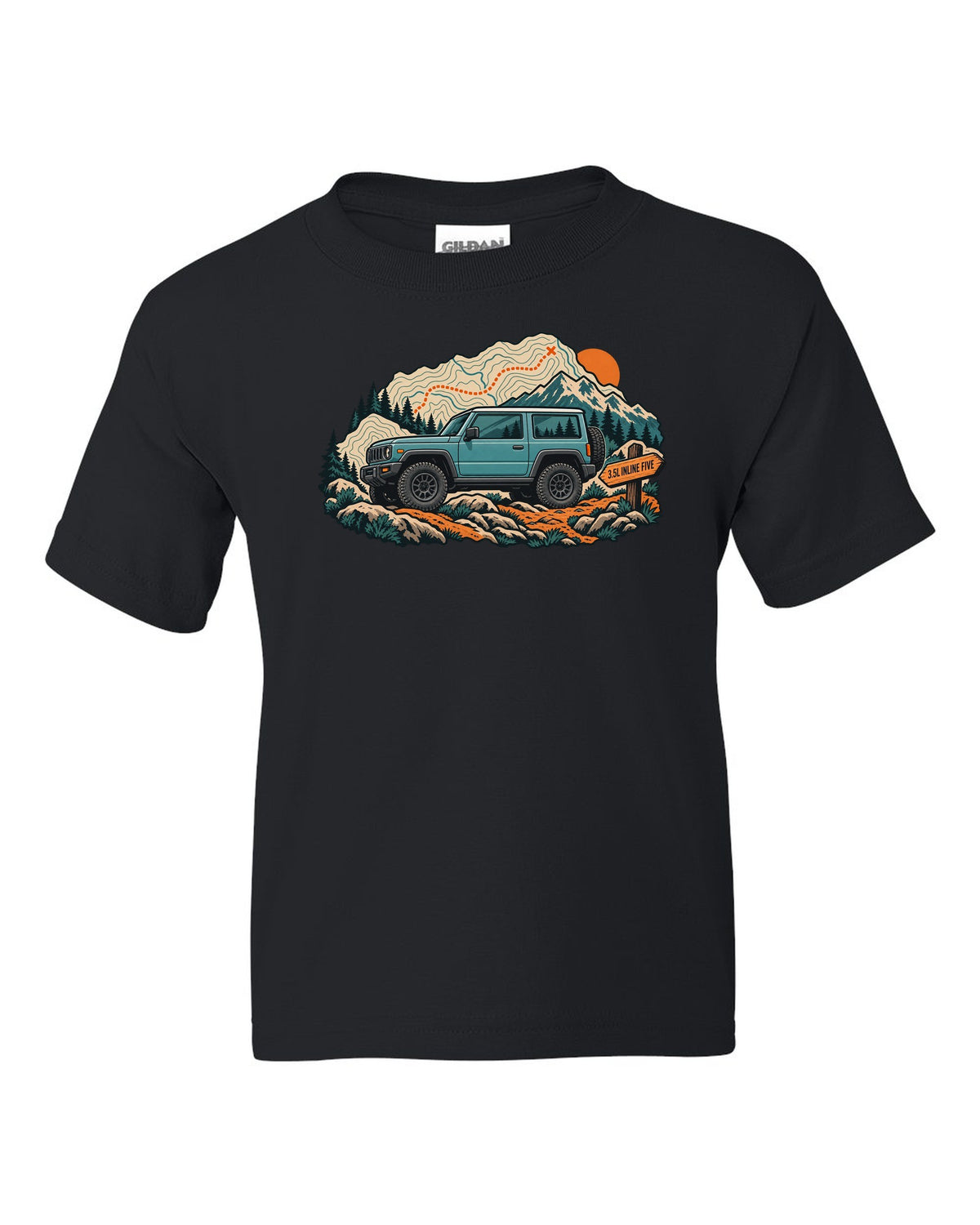 Topographic trail map print of a 2006-10 Hummer H3 with 3.5L inline five lettering black kids tee front view with the design