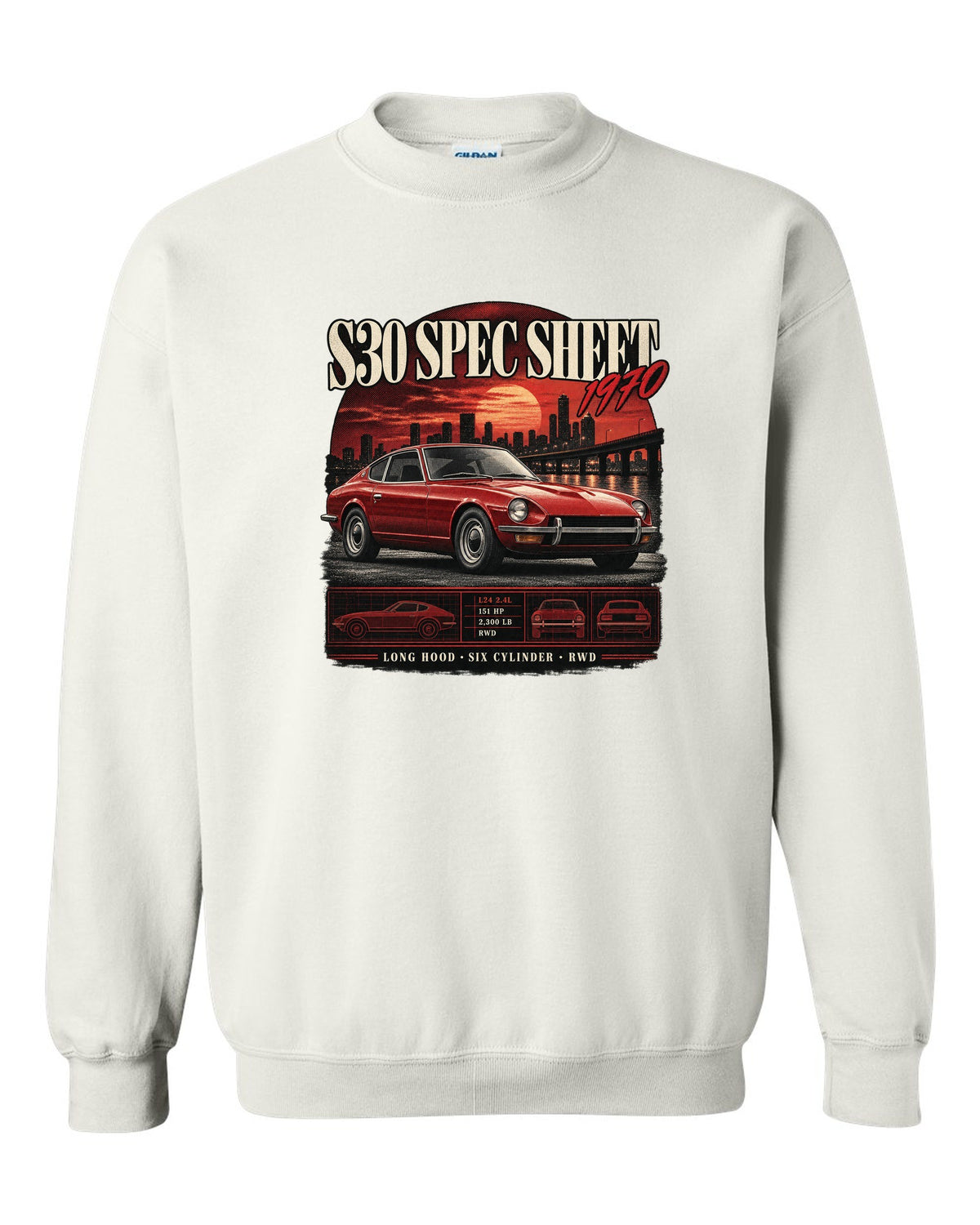 Archive panel spec sheet print of a Datsun 240Z S30 with L24 2.4L 151 HP text white crewneck front view with the design