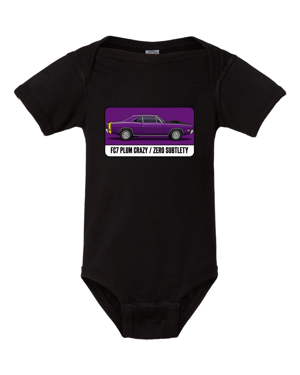 Pantone-style swatch print of a 1969 Dodge Coronet Super Bee in Plum Crazy black baby onesie front view with the design