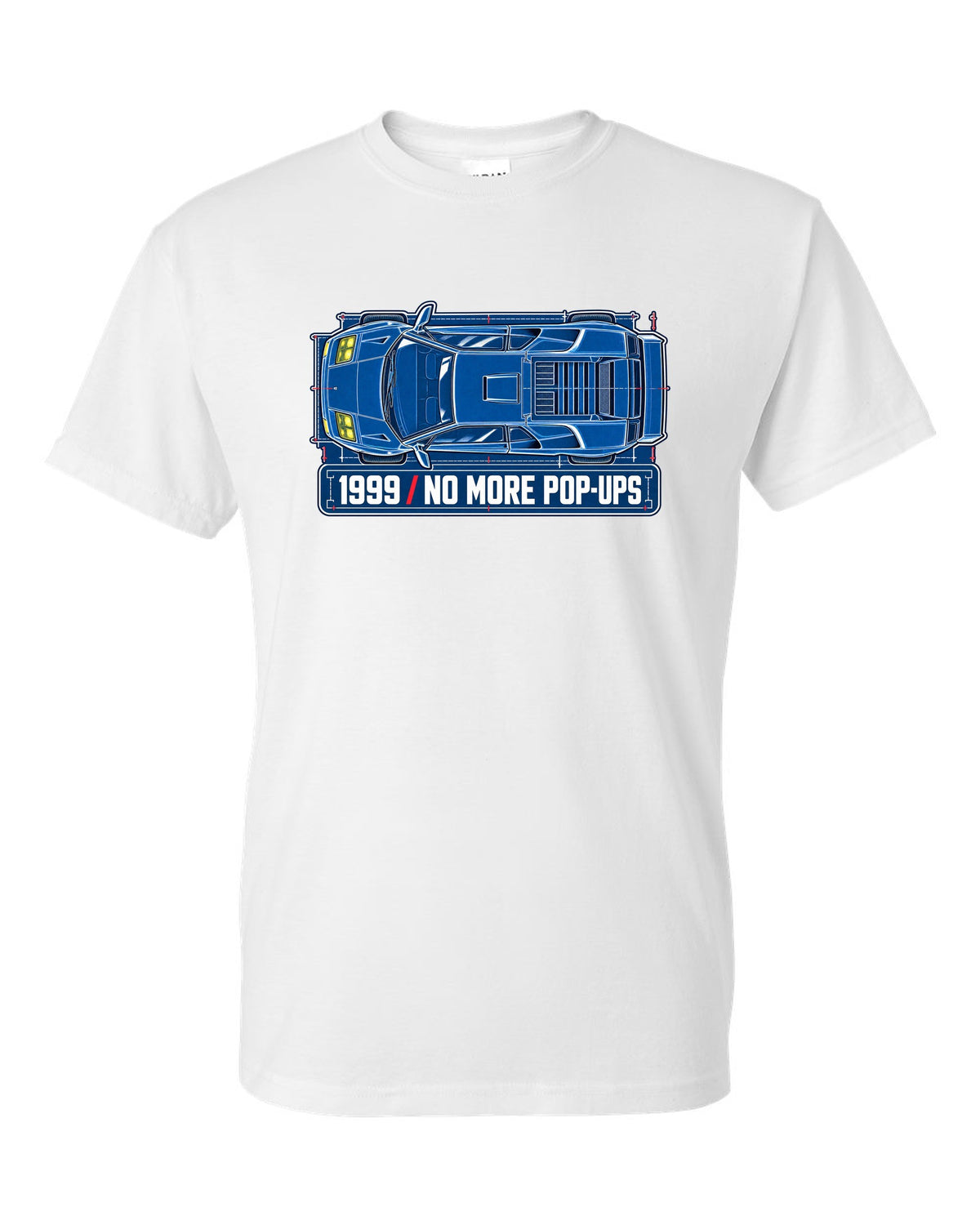 Cyanotype blueprint of a 1999 facelift Lamborghini Diablo with no more pop-ups lettering white t-shirt front view with the design