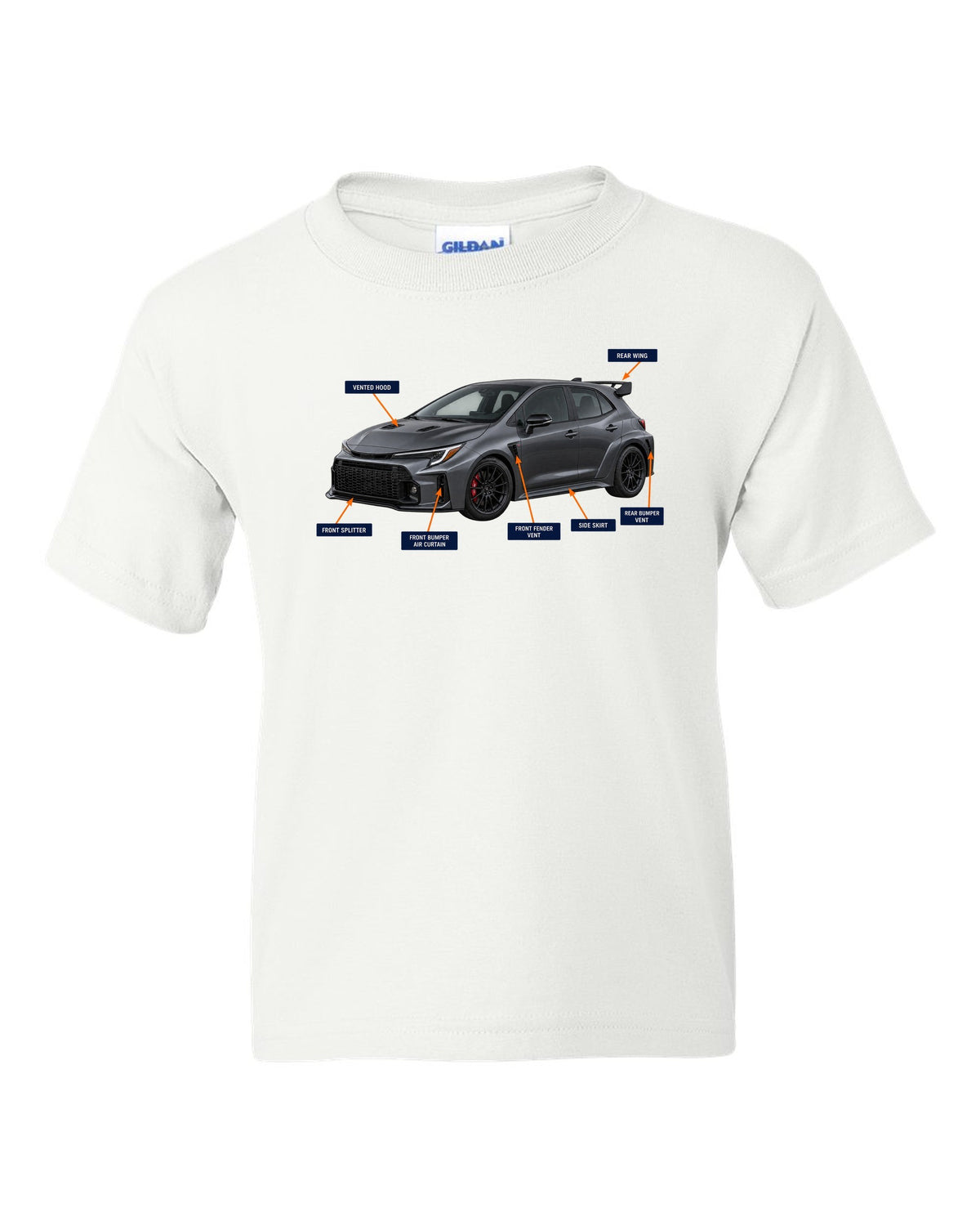 Toyota GR Corolla Circuit Edition chback with aero cutaway callouts and G16E-GTS text white kids tee front view with the design