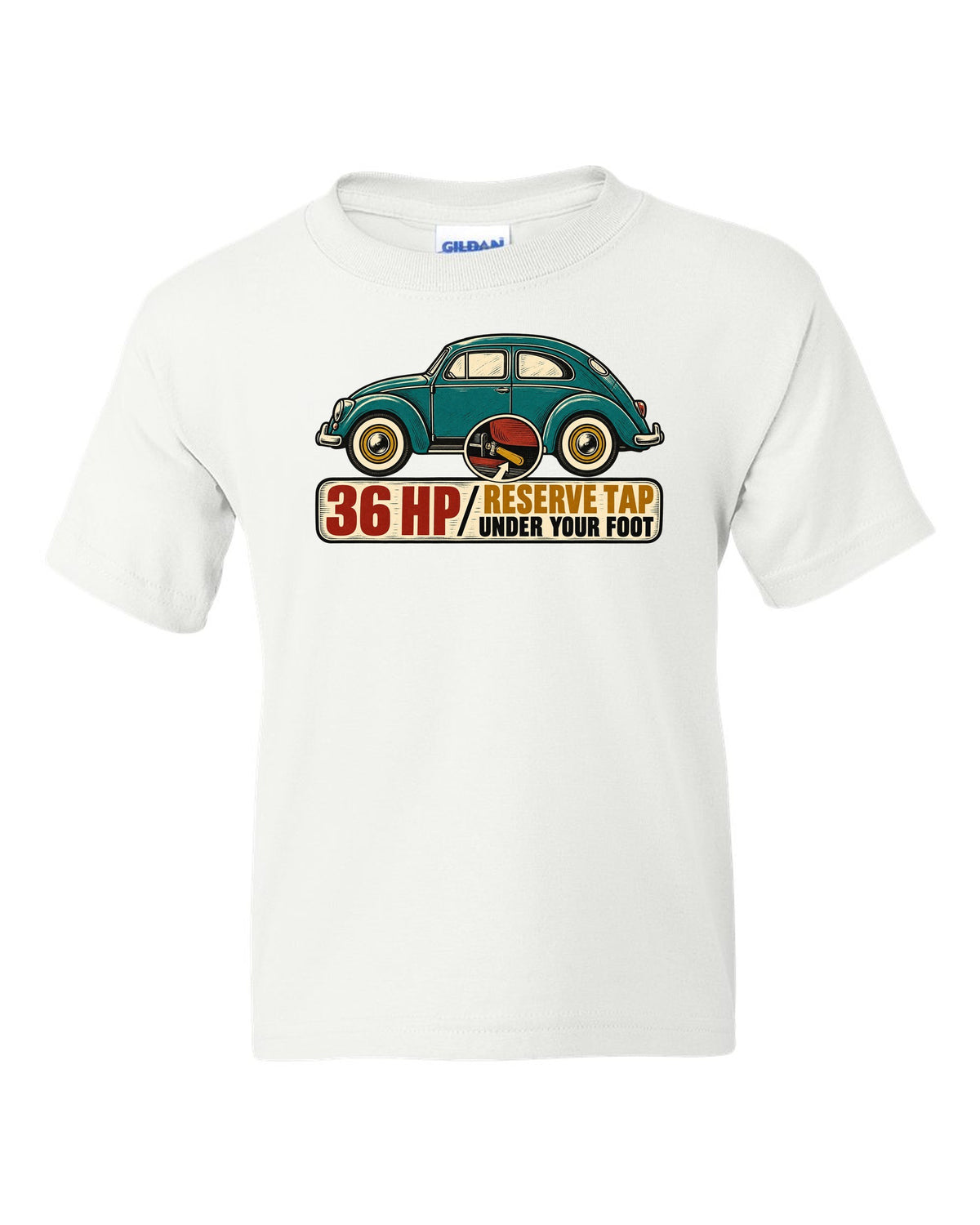 Multi-colour linocut of a 1955 oval-window VW Beetle with reserve tap lettering white kids tee front view with the design