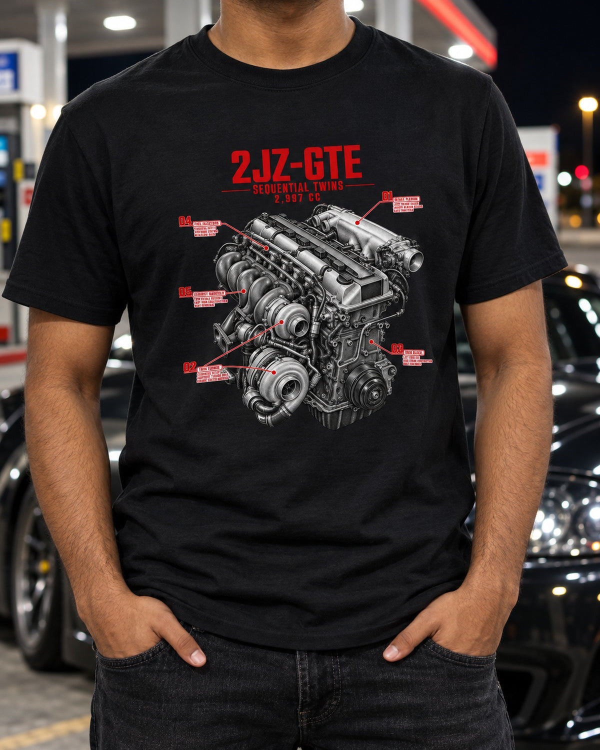 2JZ-GTE Engine Callout Shirt, Toyota Supra A80 Engine Print T-Shirt Black worn hero