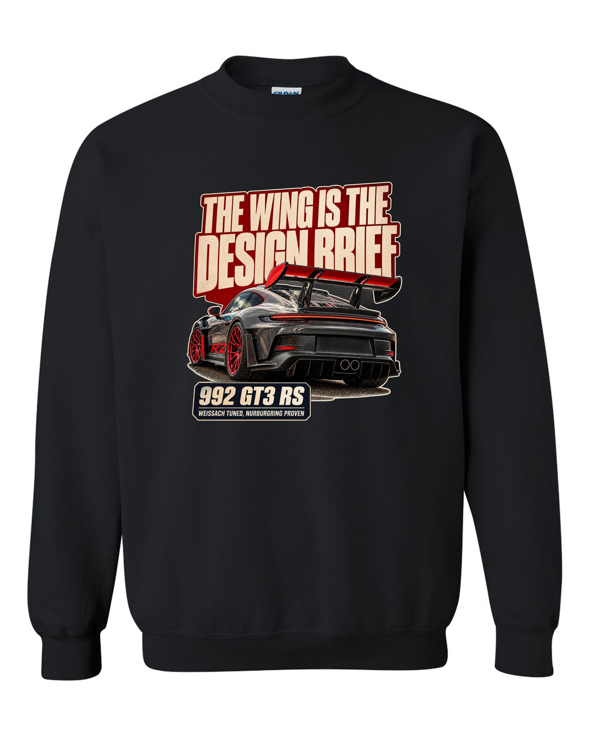 Porsche 992 GT3 RS editorial headline print design black crewneck front view with the design