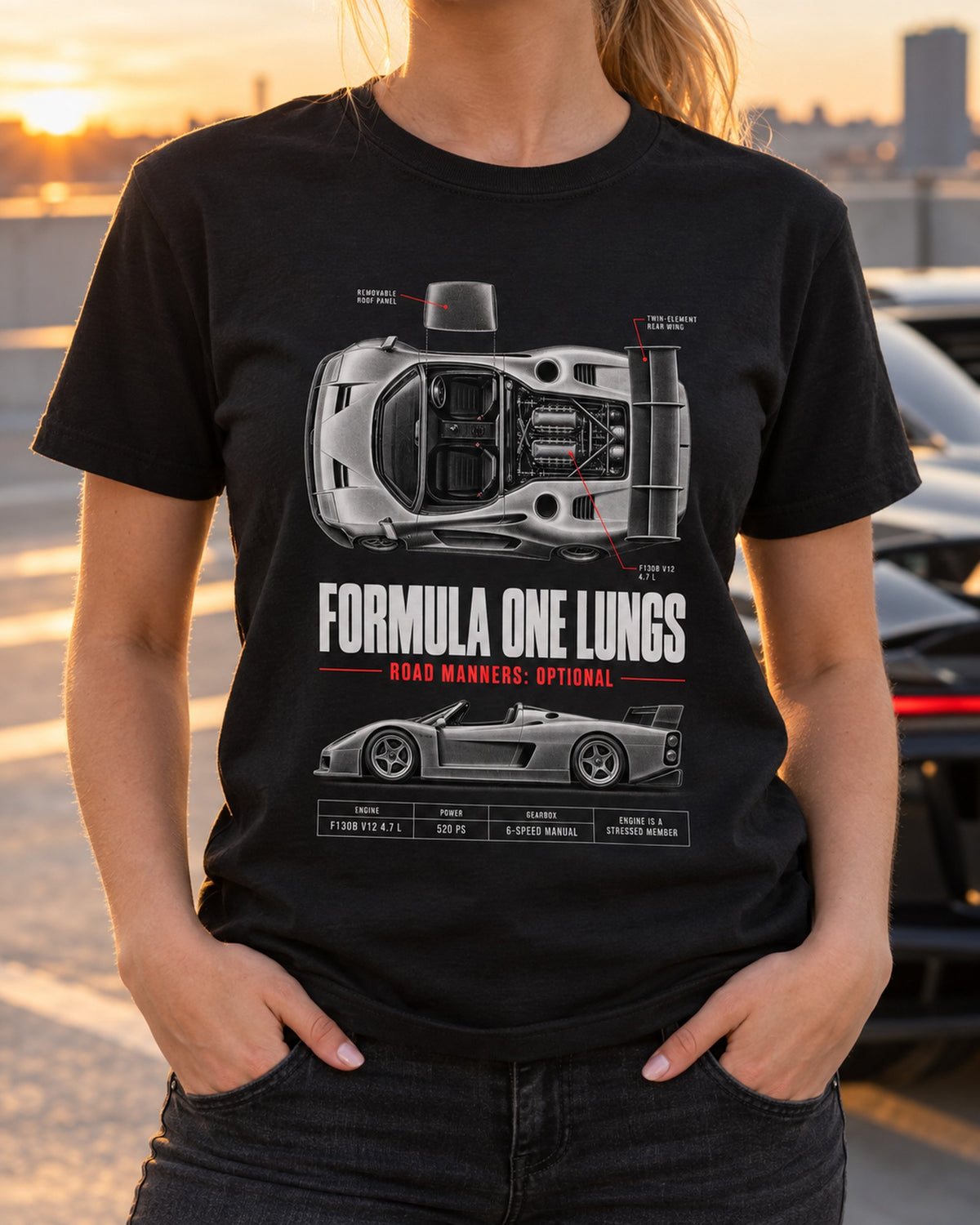 Ferrari F50 F130B V12 Spec Poster Shirt, Formula One Lungs T-Shirt Black worn hero
