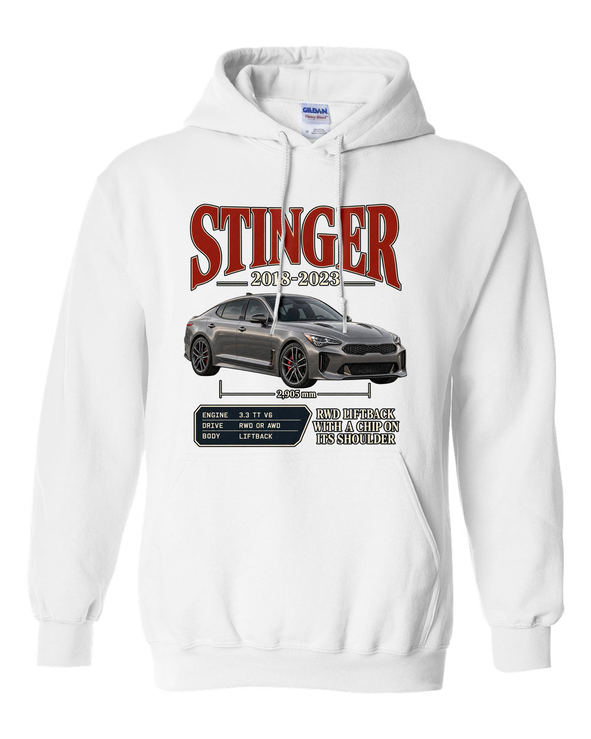Kia Stinger GT archive panel print covering 2018 to 2023 white pull over hoodie front view with the design