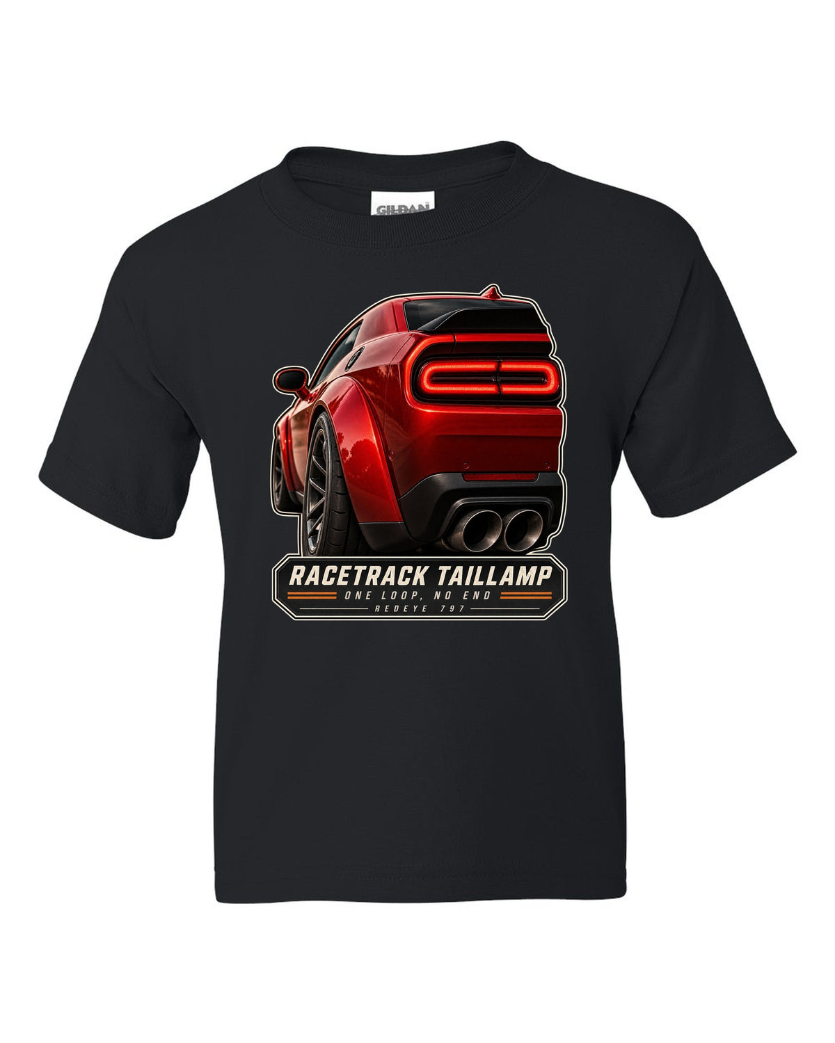Dodge Challenger Hellcat Redeye Widebody racetrack taillamp macro print black kids tee front view with the design