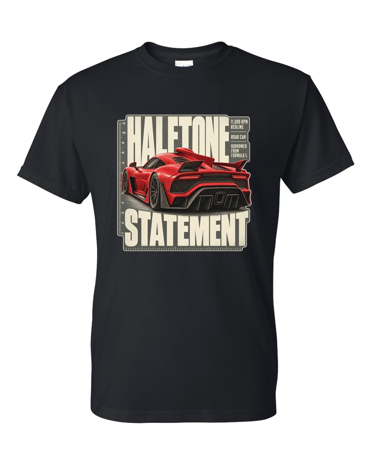 Mercedes-AMG One halftone design of the shark-fin airscoop black t-shirt front view with the design