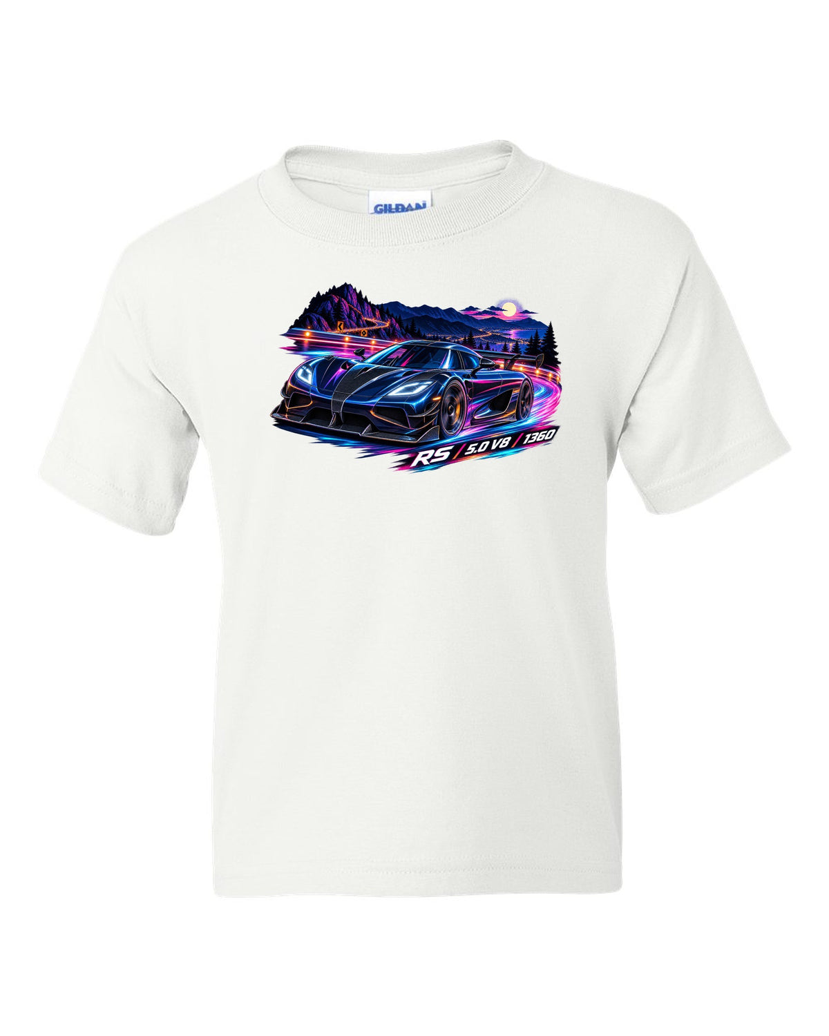 Cel-shaded anime night mountain pass illustration of a Koenigsegg Agera RS with RS 5.0 V8 1360 lettering white kids tee front view with the design