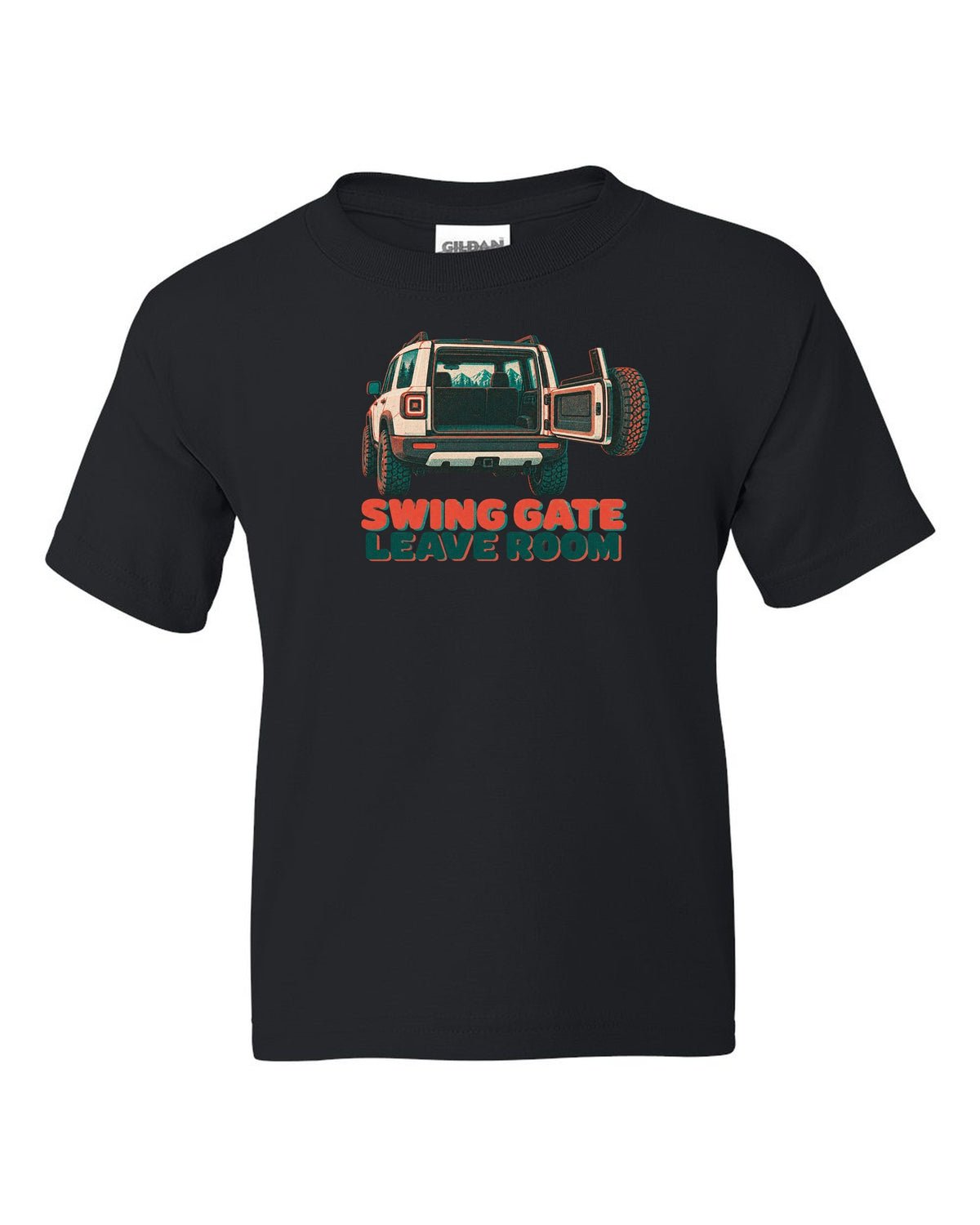 Risograph-style rear view of a Land Rover Defender L663 110 with spare wheel on the swing gate black kids tee front view with the design