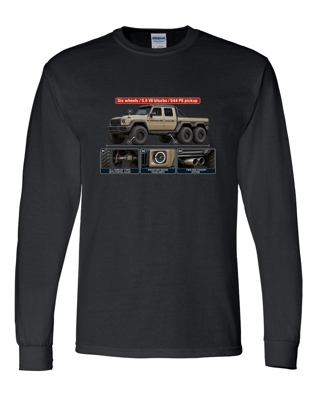 Dossier panel print of a Mercedes-Benz G63 AMG 6x6 W463 pickup black long sleeve front view with the design