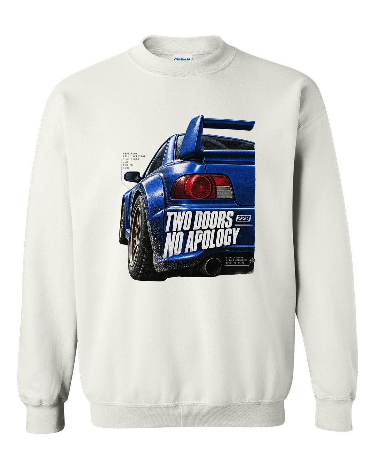 Macro detail of the Subaru Impreza 22B STI rear wing with two doors no apology text white crewneck front view with the design